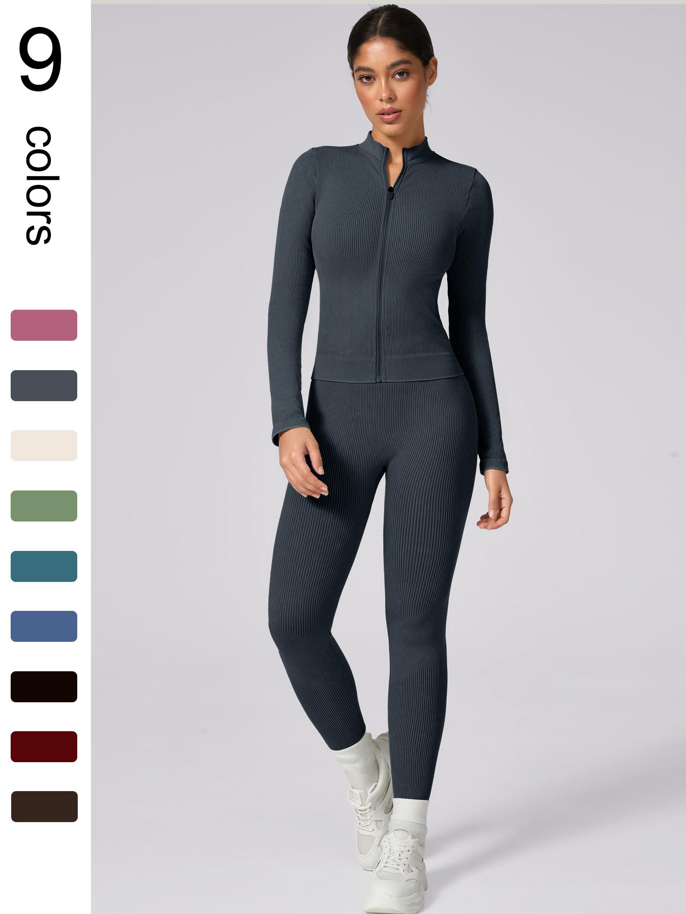 Women's Plain Tracksuit Set, Sports Zip Up Crop Jacket & High Waist Leggings, Ladies Spring & Fall Clothes, Gym Wear, Yoga Suit Outdoor