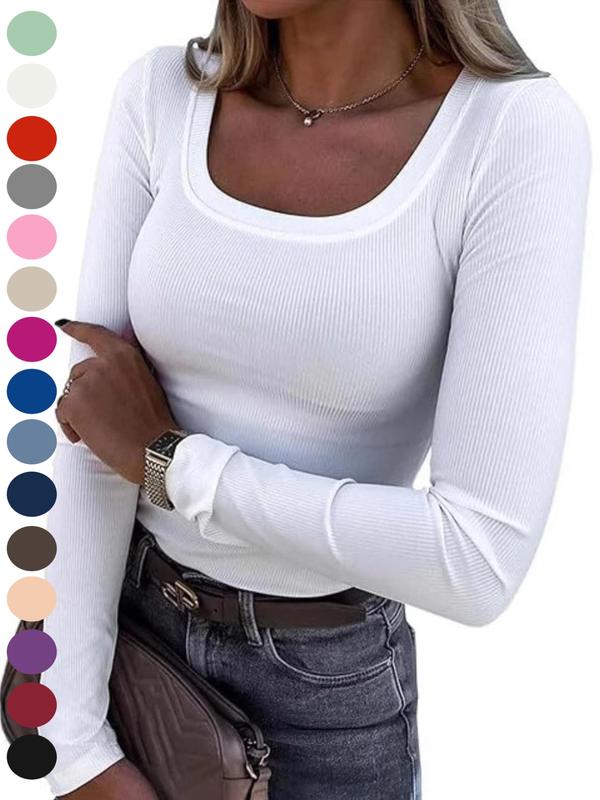 2026 Women's LongSleeve Tops Casual Scoop Neck RibbedKnit Slim Fitted Basic Tee Shirts TrendySpring Outfits Minimalist Comfort TubeTops Loose Casual Pullover
