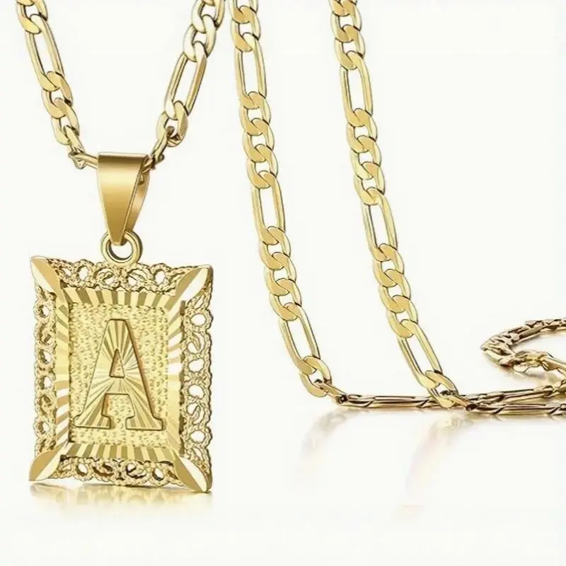 14K Gold Plated Square Capital Monogram A-Z Letter Pendant Necklace - 2Pcs - Unisex Stainless Steel Box Chain & Figaro Chain Jewelry for Men Women, Party, Proms, Music Festivals, And Holiday Wear Accessories