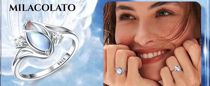 MILACOLATO 925 Sterling Silver Rings for Women Moonstone Ring Rainbow Cubic Zirconia Accents Ring Solitaire Gemstone Statement Rings 18K Plated Gold Silver Rings