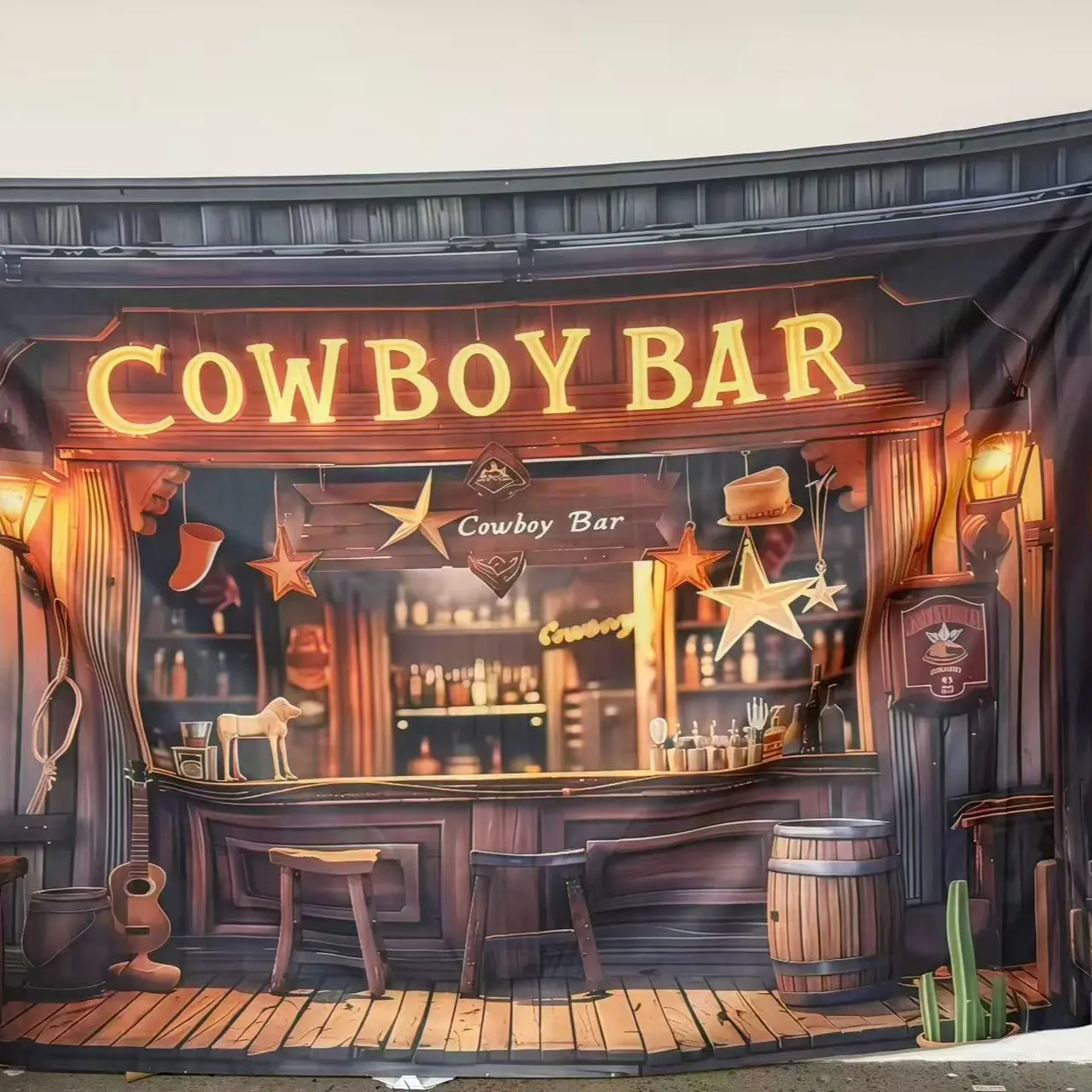 Cowboy & Letter Pattern Wall Decor, 1 Count Retro Cowboy Bar Backdrop, Wedding Party Backdrop, Home Wall Decor, Polyester Backdrop Banner, Party Decorations