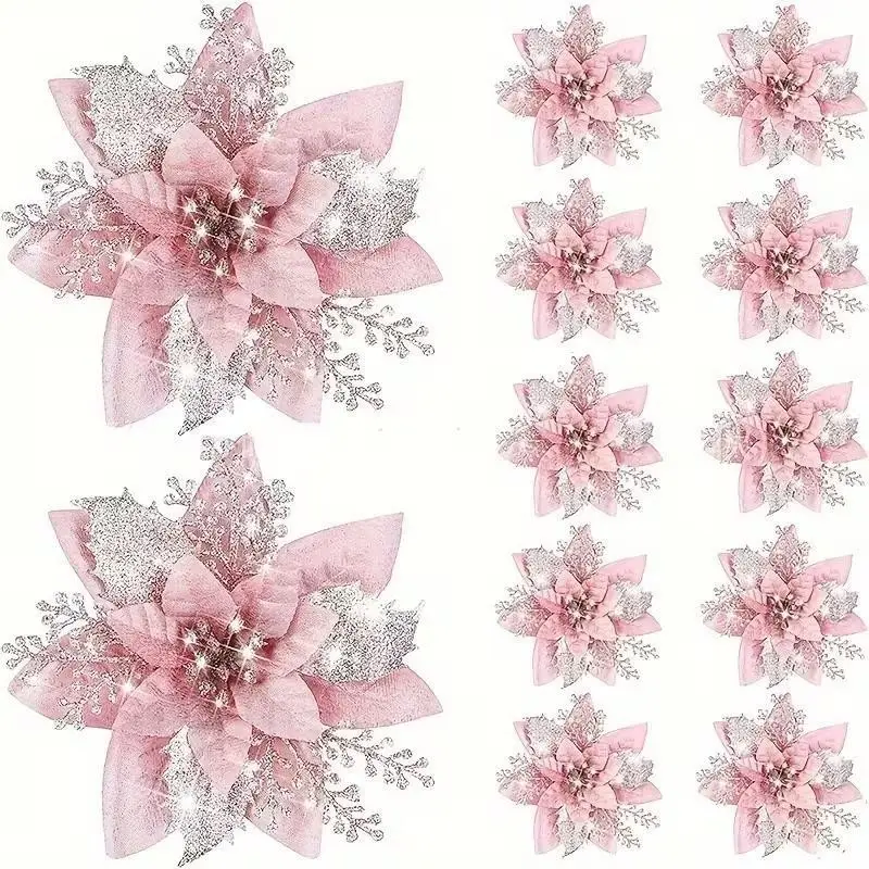 20-Piece Christmas Artificial Flower Decor Set, 10 Flowers + 10 Clips, Sparkling Holiday Tree Ornaments, Festive Decoration Kit
