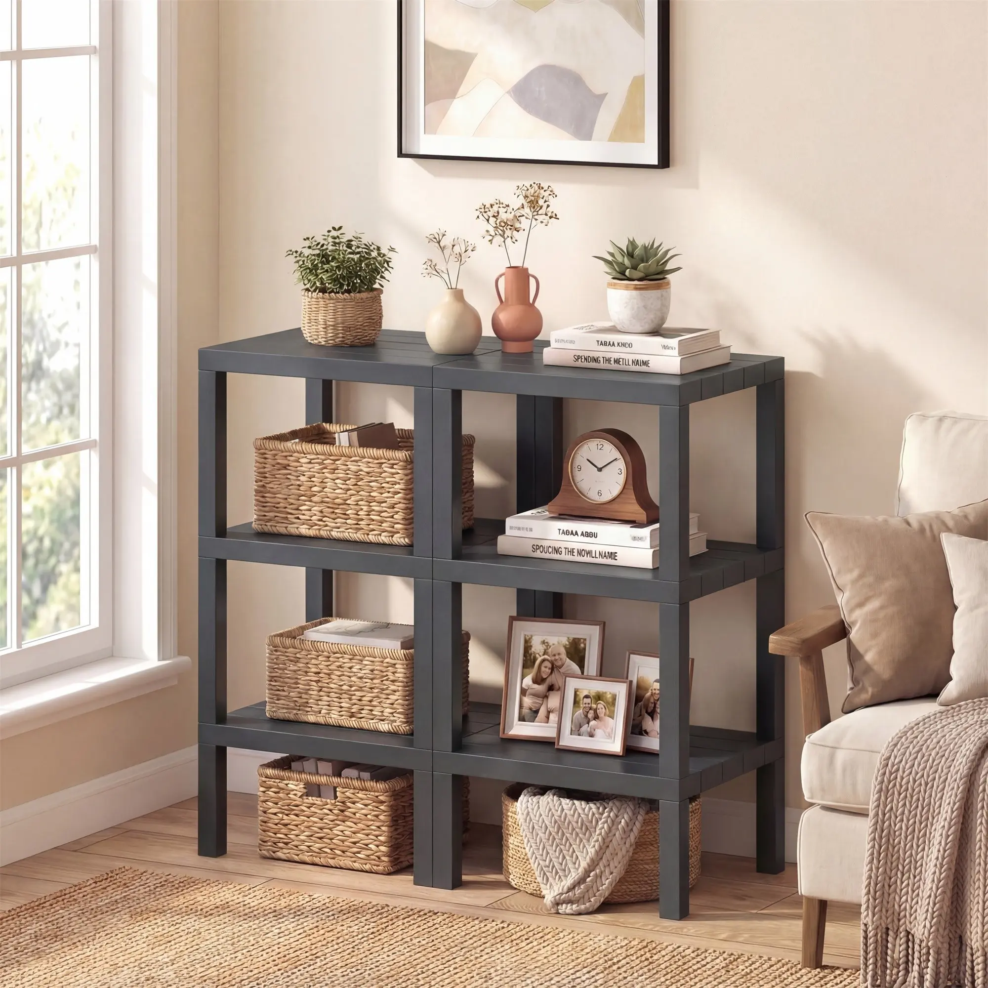6-Tier Plastic Modular Storage Shelf, Freestanding Open Display Rack, Multifunctional Organizer for Living Room Bathroom Kitchen, Standing Shelf