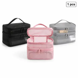 Large Capacity Mesh Cosmetic Bag with Multi Compartments |   Portable See-Through Travel Toiletry Organizer, Divided Visible Makeup Storage Pouch, Clean Girl Aesthetic Daily Beauty Carry Bag, TSA Friendly Packing Hack for Outdoor Trips, Vacation Luggage &