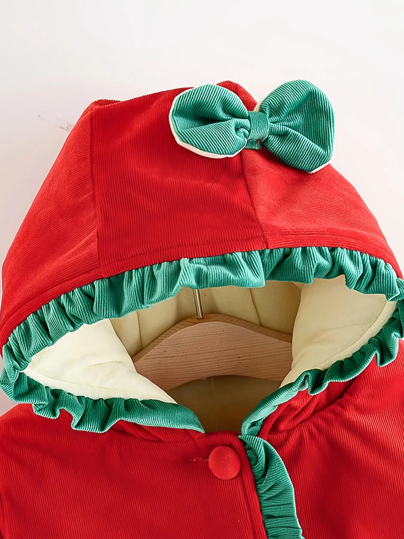 ' Winter Hooded Jacket - Long Sleeve Non-Stretch Coat with Front Bow Accent, Easy Button Closure, Hand Washable Outerwear, (Red/other Solid Color Available) - Perfect Christmas Outfit