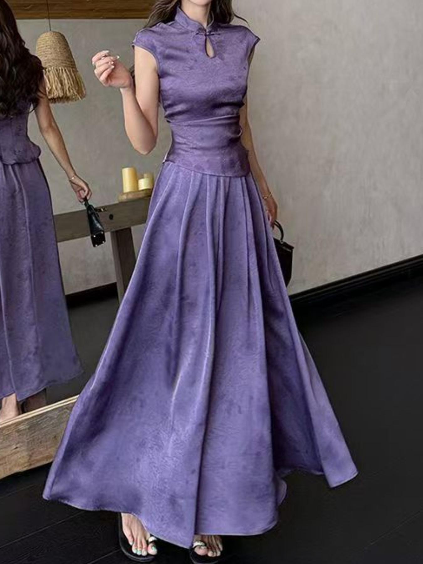 SYHAN 2026 Latest Summer Women's Purple Modified Cheongsam Collar Top and Skirt Two-Piece Set- Elegant Daily Casual Suit with New Chinese Style Design