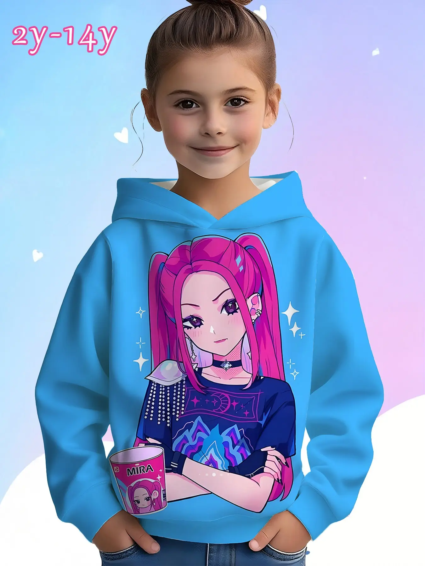 Mira Girls' Hooded Sweatshirt, 3D Print, Loose Fit, Fall & Winter, Casual Style, Ages 2-14, Anime Gift, Blue Color, Random Pattern