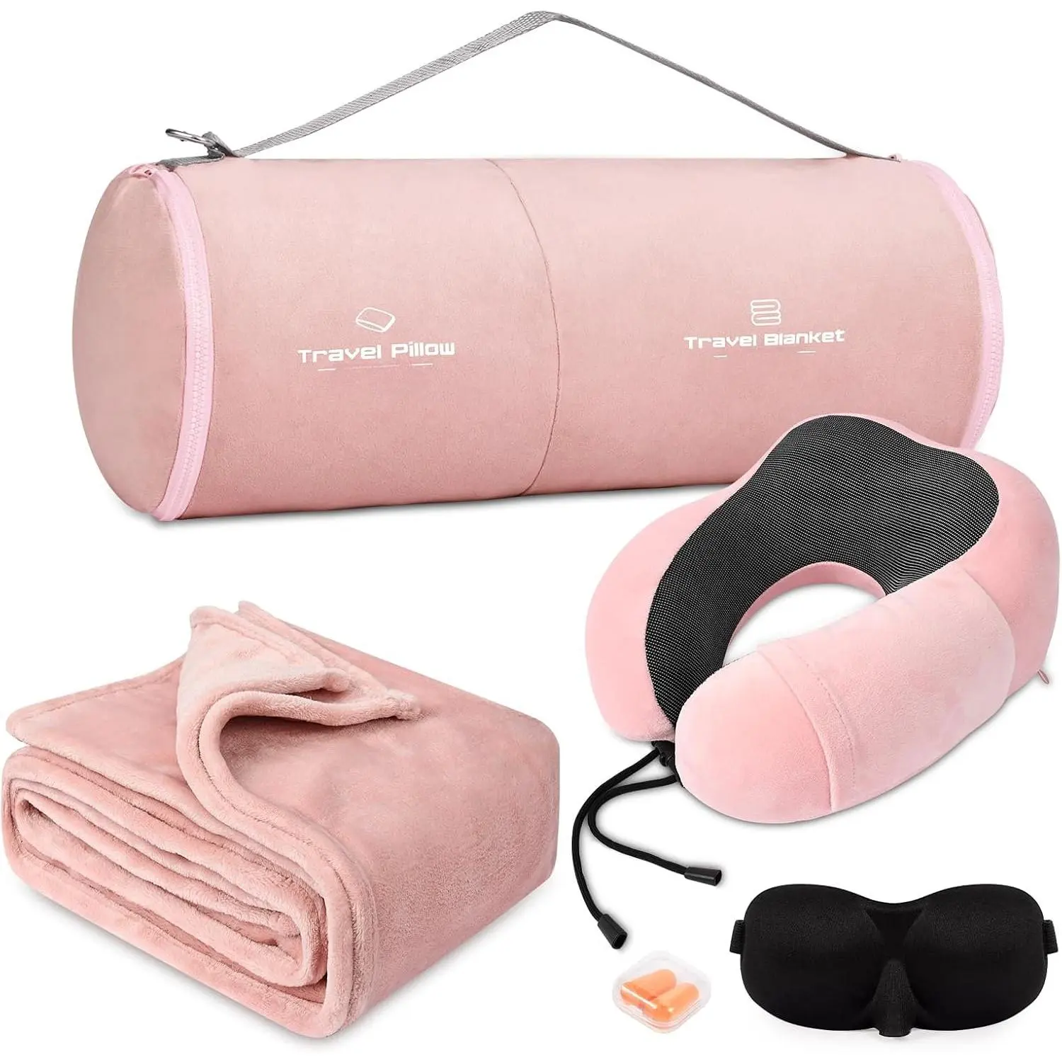 Memory Foam Travel Pillow & Synthetic Fiber Blanket Set, Airline Sleep Essentials with Sleep Mask & Hump Support