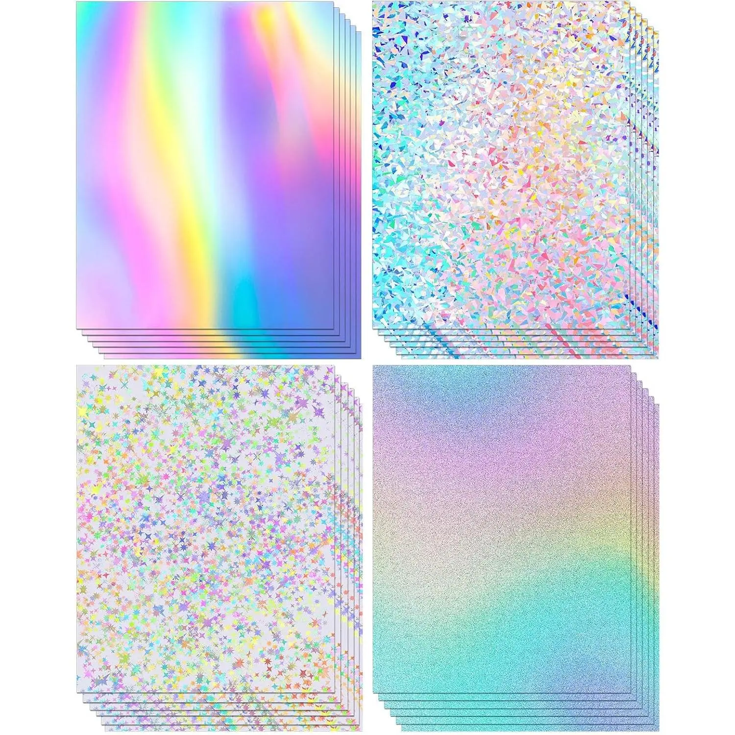 24 Sheets Holographic Cardstock 8.5 x 11 In, 250Gsm, 4 Designs| Single-Sided Metallic Finish, White Back for Writing, Thick Smooth Sheets for Crafts, Cards, Scrapbook, Party Decor