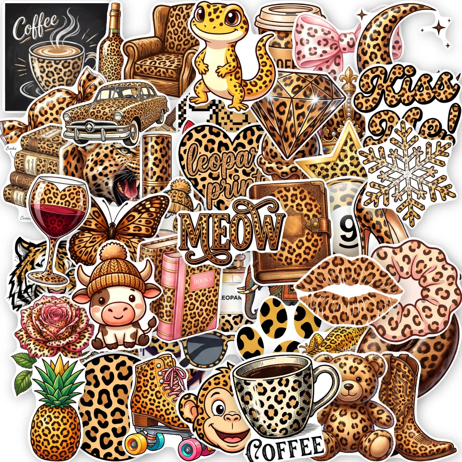 50 Pieces of Leopard Print Aesthetic Series Stickers, Office Supplies Suitable for Pasting on Scrapbooks, Journals, Laptops, Water Bottles, Cars and More, Creative Birthday Gifts