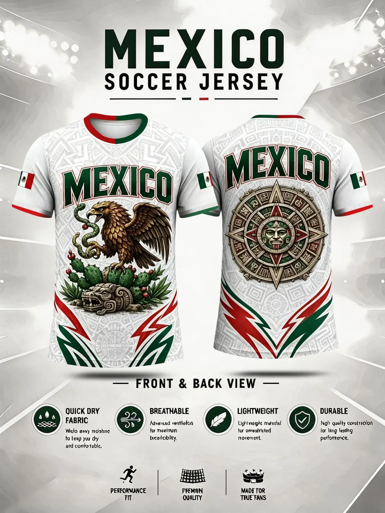 Men's Mexico Inspired Graphic Loose T-Shirt, NeckSoccer Fan Tee with Eagle Serpent Print, AztecCalendar Back, and Flag Sleeve Accents, MensClothing, Graphic T Shirts