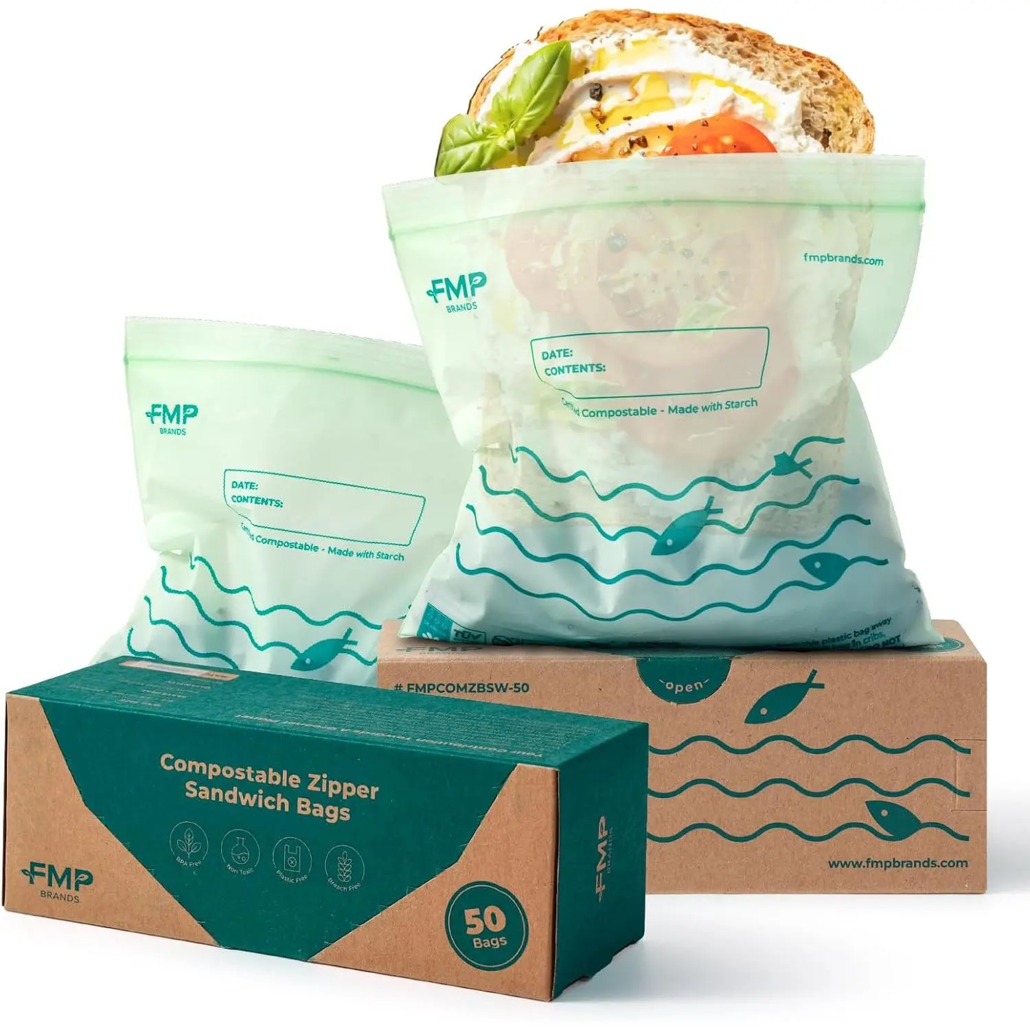 50 Pack  Compostable Sandwich Bags, 6.5 x 6.7" Resealable  Storage Freezer Bags,  Snack Bags for Travel, ASTM D6400,  BPI & EU OK Compost Certified