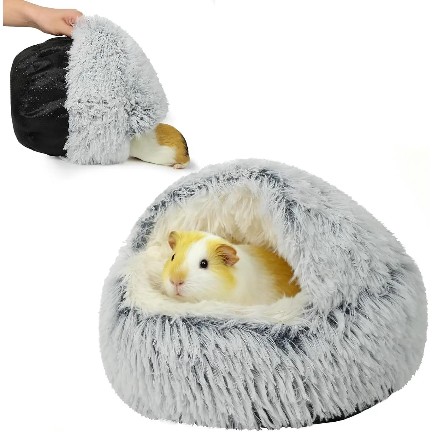 Guinea Pig Hideout with Hooded Cover, Washable Round Cave Bed for Small Animals Hamster Rabbit Bunny (Grey)