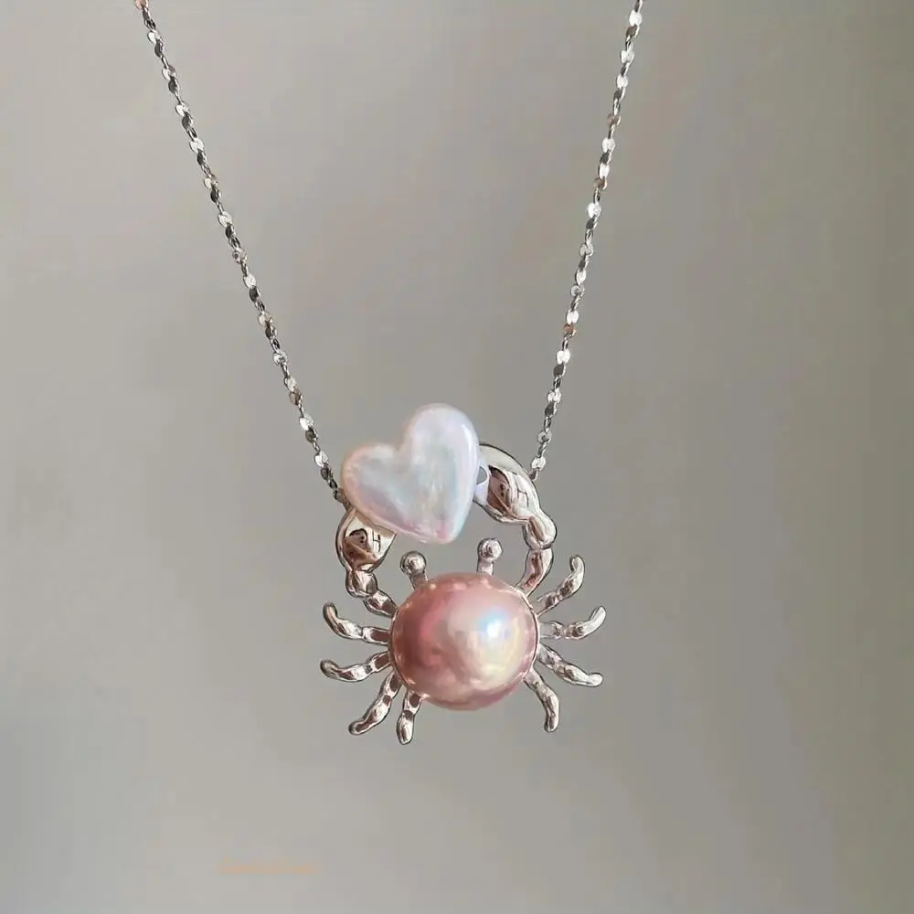 Women Sterling Silver Pendant Necklace, Trending Hypoallergenic Crab Heart Pearl Jewelry, Whimsical Cancer Zodiac Accessory Gift for Beach Lovers Ladies Daily Matching