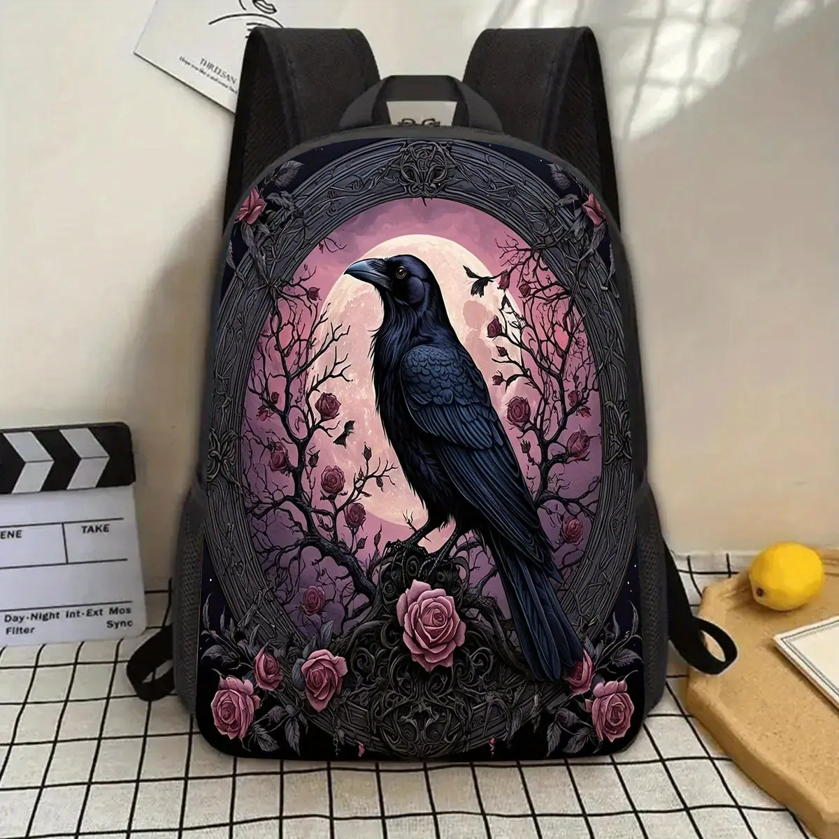 1pc Gothic Raven 17" Laptop Backpack with Water Bottle Holder - Large Capacity, Adjustable Straps, Vibrant Cartoon Design, Durable & Lightweight for School, Work, Travel, Picnic - Unique Gift for Mother'S Day, Father'S Day, Valentine's, Thanksgiving, Chri
