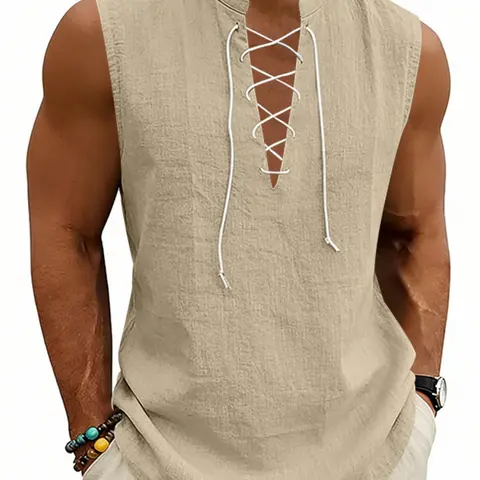 Men's Washed Linen Sleeveless Vest, Casual Loose-Fit Top, Solid Color, Cross-Tie Design, V-Neck, Beachwear, Outdoor, Multicolor, Versatile, Loose Fitting Vest