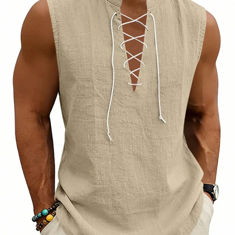 Men's Washed Linen Sleeveless Vest, Casual Loose-Fit Top, Solid Color, Cross-Tie Design, V-Neck, Beachwear, Outdoor, Multicolor, Versatile, Loose Fitting Vest