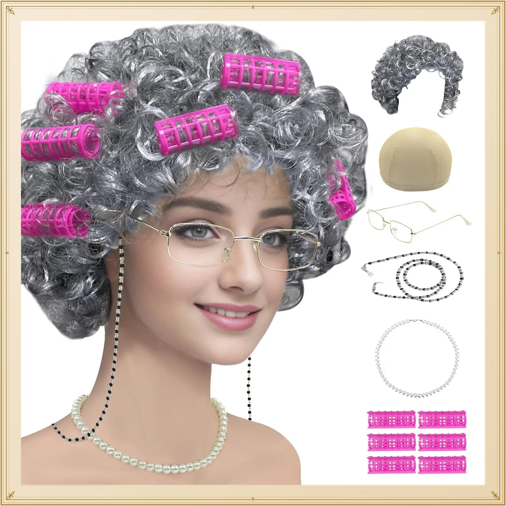 Old Lady Costume Set Grandma Wig Granny Wig Cap Madea Granny Glasses Eyeglass Chains Cords Faux Pearl Bead Necklace Women Cosplay Set 5 Pieces (grey bun)Gift