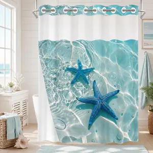 1 Pack No Hook Double Layer Shower Curtain, Light Blue Water Ripple & Starfish Print Bath Curtain, Waterproof, Mildew Resistant, Durable Fabric, Beach Home Decor, Removable Liner, Top See-Through Window, Partition Curtain 71"×74"