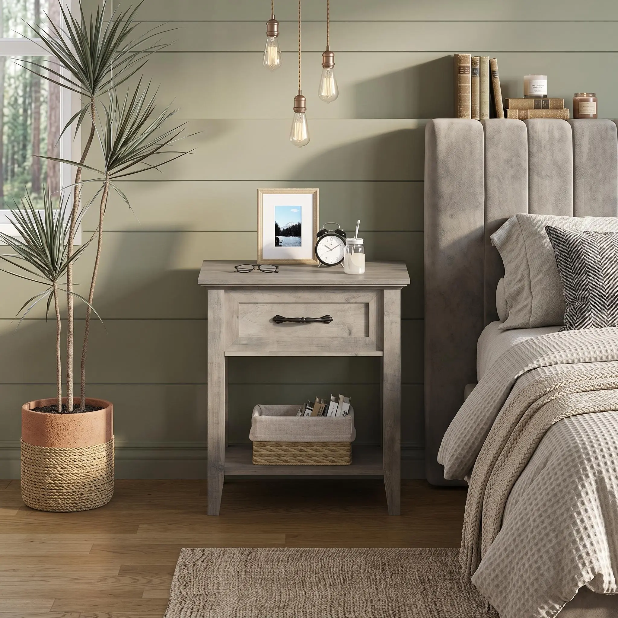 【IdealHouse】Contemporary Wood Bedside Table - Multifunctional Storage Organizer with Drawer, Open Storage Shelf, Stylish Grey & White Finish, Fit for Bedroom, Living Room, Sofa Side