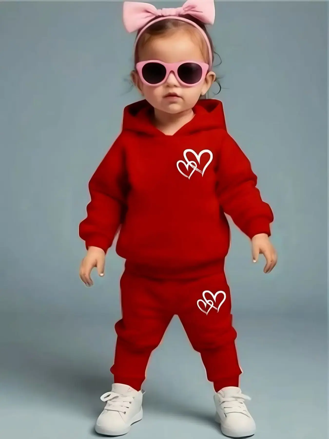 Spring Autumn Baby Girl Cute Heart Print Cozy Fleece Casual Hoodie and Pants Set, Adorable Two-Piece Baby Clothing Outfit Clothes for Infants and Toddlers