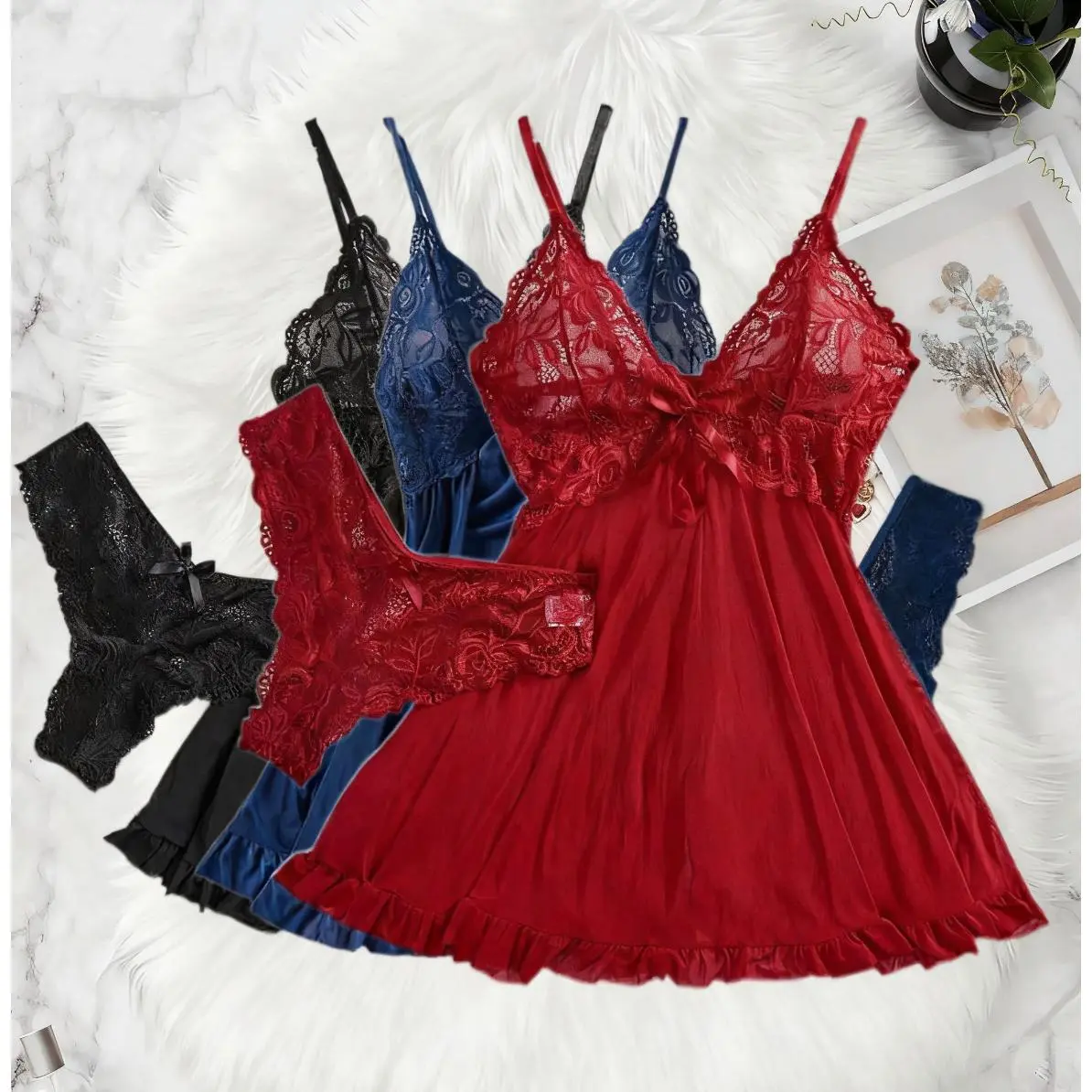 Lace Lingerie Set Women's Sexy Babydoll  Romantic Ruffle Nightgown Delicate Panty Set New  Gift Sexy Sleepwear Women Pajamas Set Heart Print Silk Stain V-Neck Sleeveless Casual Cami Top and Shorts Sets Home Suit Loungewear