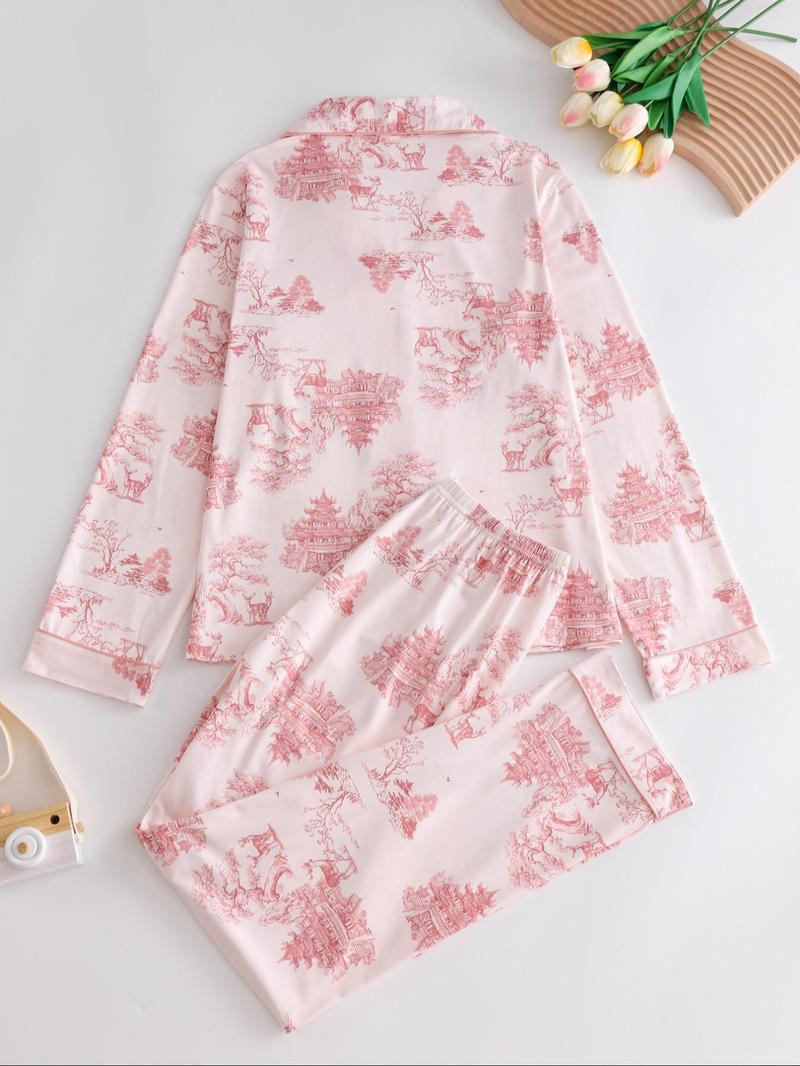 Women's 2-Piece All Over Print Button Front Pocket Lapel Shirt & Elastic Waist Pants Pyjama Set, Casual Comfy Long Sleeve Top & Trousers Matching Pj Set, Women's Sleepwear for Spring & Fall