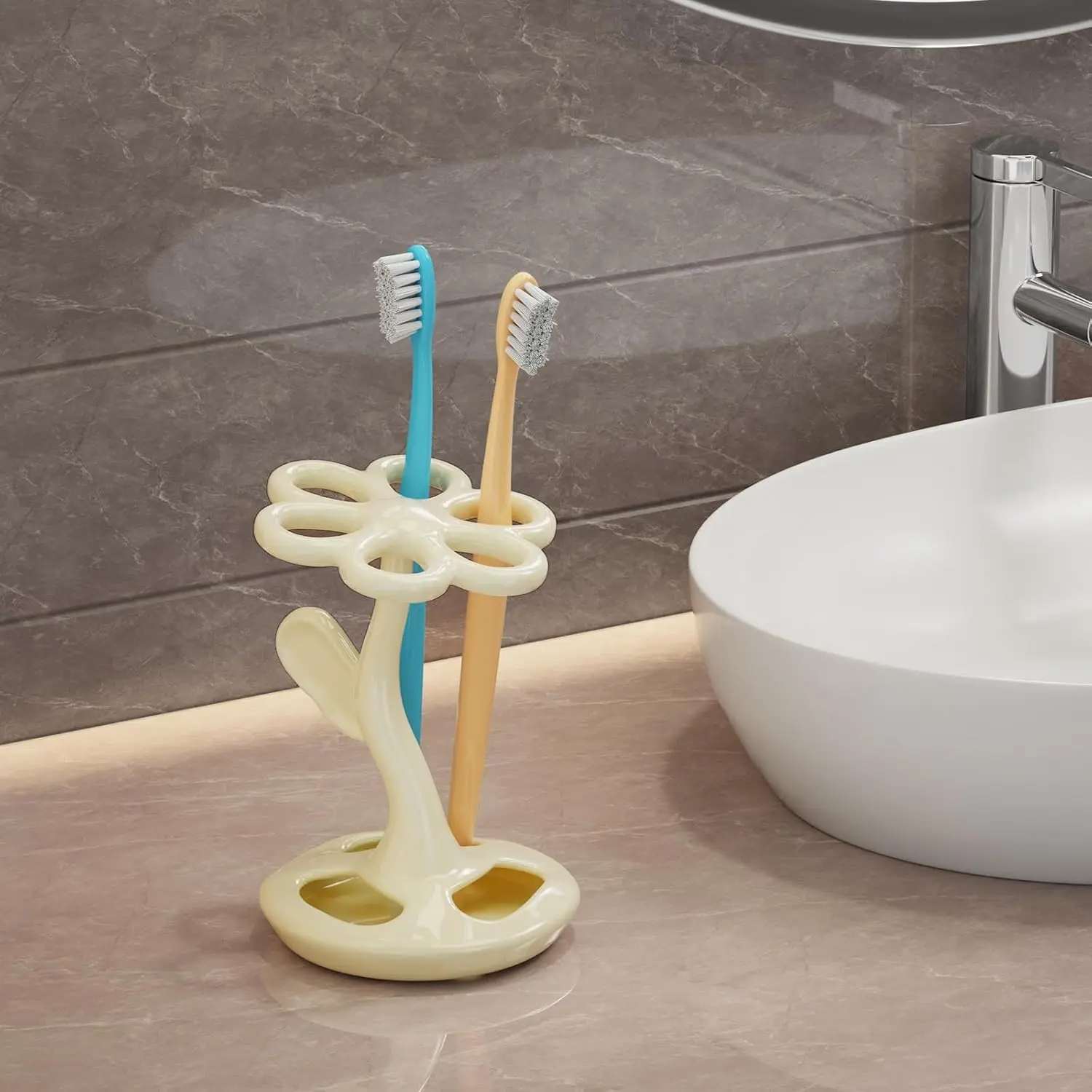 Flower Ceramic Tooth Brush Holders for Bathroom, Upgraded Large Slots Toothbrush Holder Organizer for Manual Brushes & Art Paintbrushes, Aesthetic Vanity Decor, Non-Tip Sturdy Base, 6 Slots