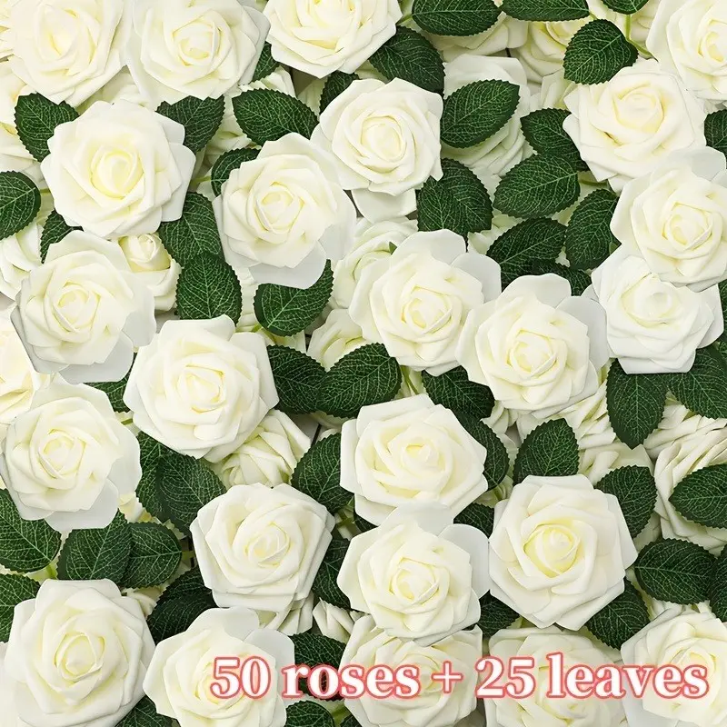 75pcs/set Rose Flowers and Leaves Foam, Including 50 Faux Roses and 25 Leaves. Realistic Artificial Flowers with Stems for DIY Wedding Bouquets, Centerpieces, Floral Arrangements, Bridal Showers, and Parties. Suitable for Valentine's Day, St