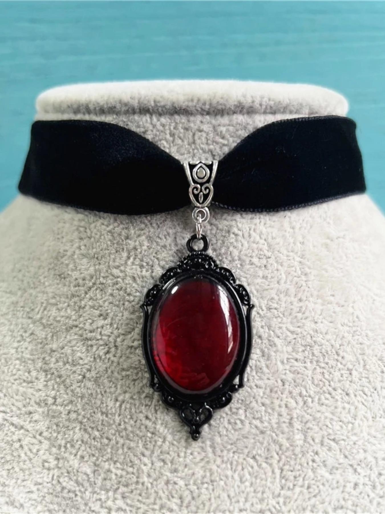 Gothic Retro Waterdrop Artificial Gem Decor Pendant Velvet Choker, Faux Gemstone Pendant Necklace, Fashion Jewelry Accessories For Women As Gift, Statement Necklace, Elegant Necklace, Gothic Witch Jewelry