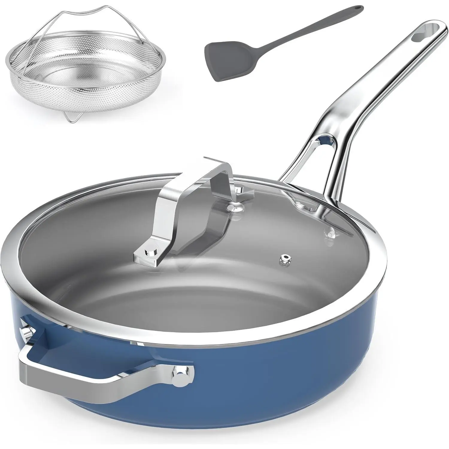 10-in-1 Blue Ceramic Nonstick Deep Saute Pan Set With Steamer & Lid, 4QT | -free frying pan.. Induction . Oven safe to 480°F. Cool- handle. Dishwasher safe.  for RVs!