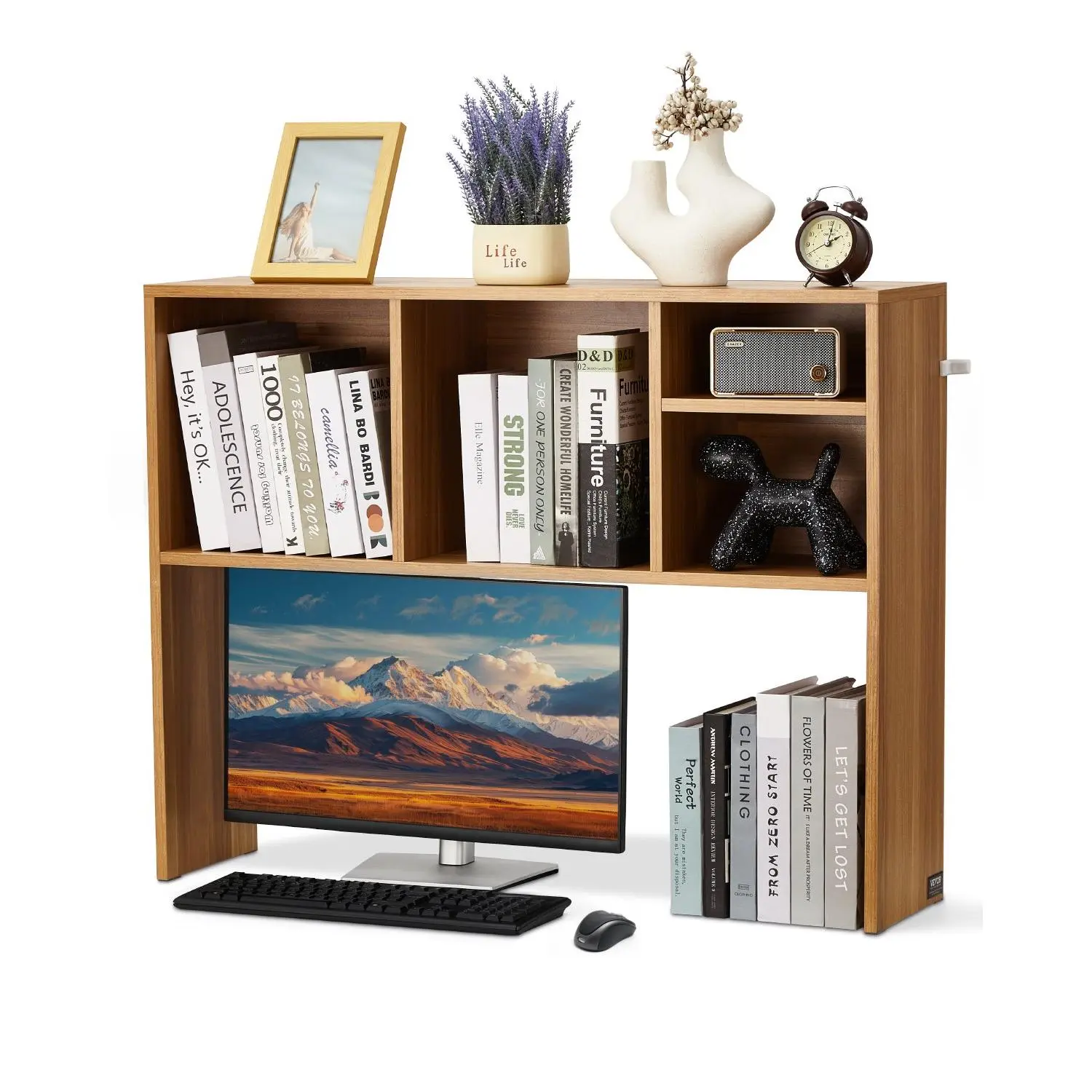 VEVOR Desktop Bookshelf, 1-Tier Wood Desktop Storage Organizer, 37" x 9.4"x 28.7" Office Storage Rack Wood Display Shelf, Desktop Bookshelf Hutch with Anti-Slip Feet Pads, for Office, Home Dorm