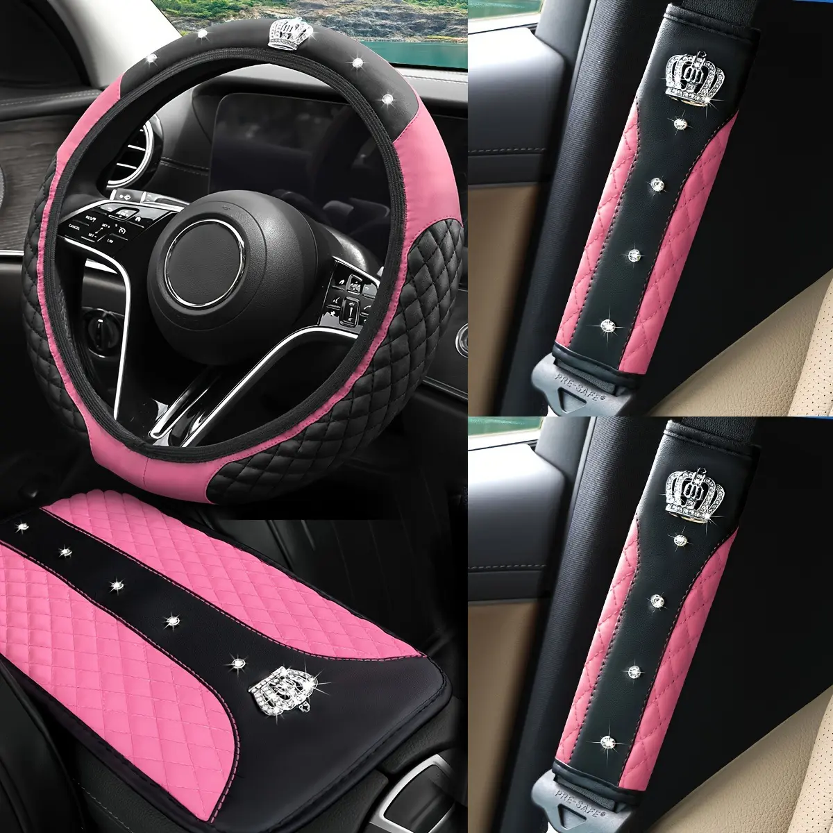 4PCS Crown Artificial Diamond Glitter Fashion PU Leather Non-slip No Inner Ring Car Steering Wheel Cover Set Fit For 37-38CM Steering Wheel Car Interior Accessories Automotive Accessories Vehicle