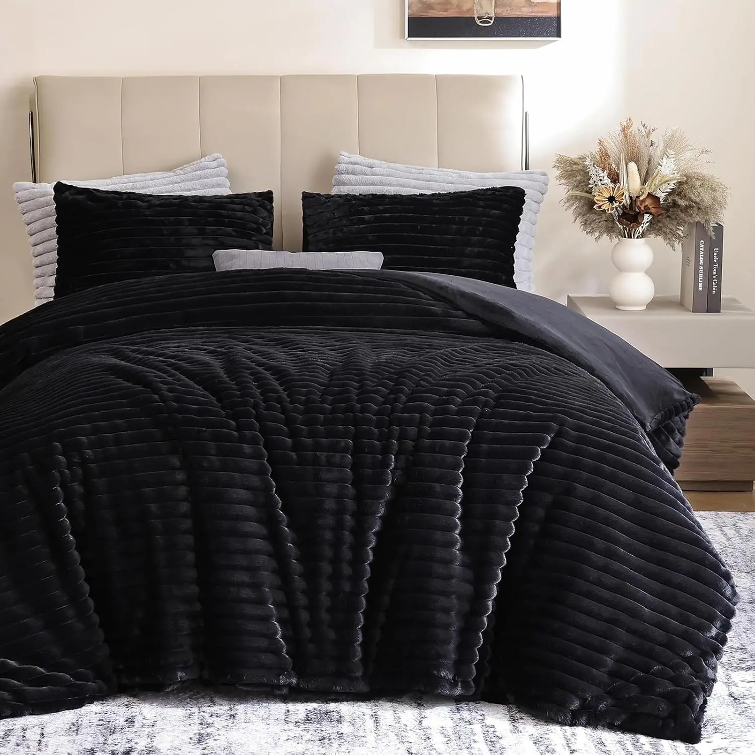 Fluffy Black Comforter Queen Set – Ultra Soft Plush Fleece Black Comforter Queen Size, Luxury Fuzzy Bedding Comforter with 2 Pillowcases, Cozy Heavy Faux Fur Comforter Sets for All Season