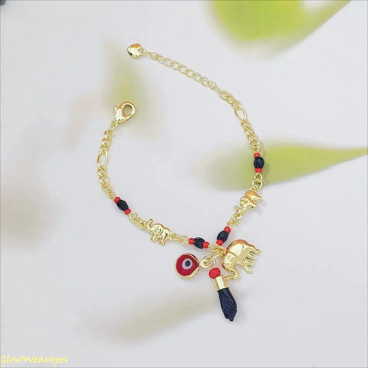 Gold Plated Evil Eye Charm Bracelet for Women – Adjustable Lucky Elephant Bracelet, Dainty Stackable Layering Jewelry, Trendy Minimalist Protection Bracelet for Everyday Wear, Summer Outfits, Vacation & Gift