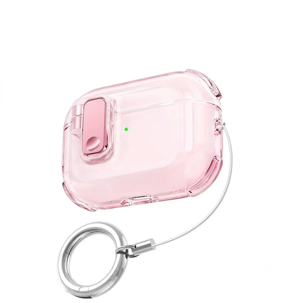 Clear Pink Transparent Automatic Pop-up Earphone Case for AirPods 4 Protective Soft TPU Cover with Lock & Keychain Ring Lanyard