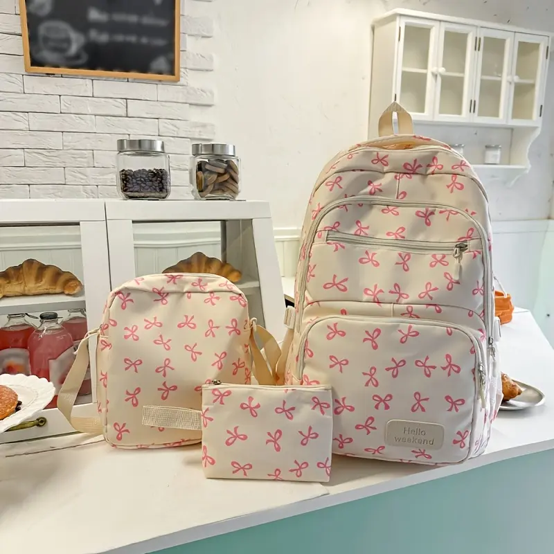3PC Lightweight Nylon Casual Daypack with Cute Bow Design, Simple Travel Rucksack for Teens, Water-Resistant Campus Schoolbag 3-Piece Set.