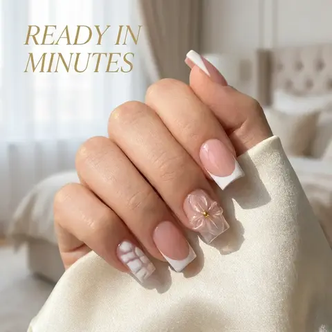10pcs Y2K Style Nude Pink Background, White Edge 3D Flower Press On Nails, Nail Designs, Handmade Press Ons, Floral Press On Nails, Nail Art Design, White Checkered Square Nail, Matching White French Edge, 3D Transparent Flower with Gold Stamen