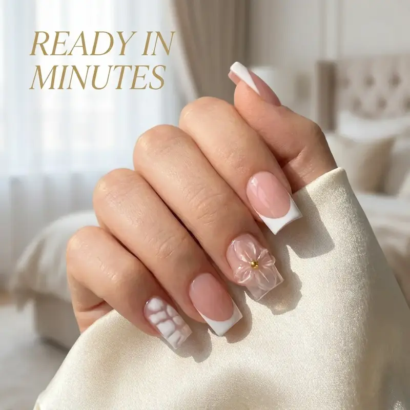 10pcs Y2K Style Nude Pink Background, White Edge 3D Flower Press On Nails, Nail Designs, Handmade Press Ons, Floral Press On Nails, Nail Art Design, White Checkered Square Nail, Matching White French Edge, 3D Transparent Flower with Gold Stamen