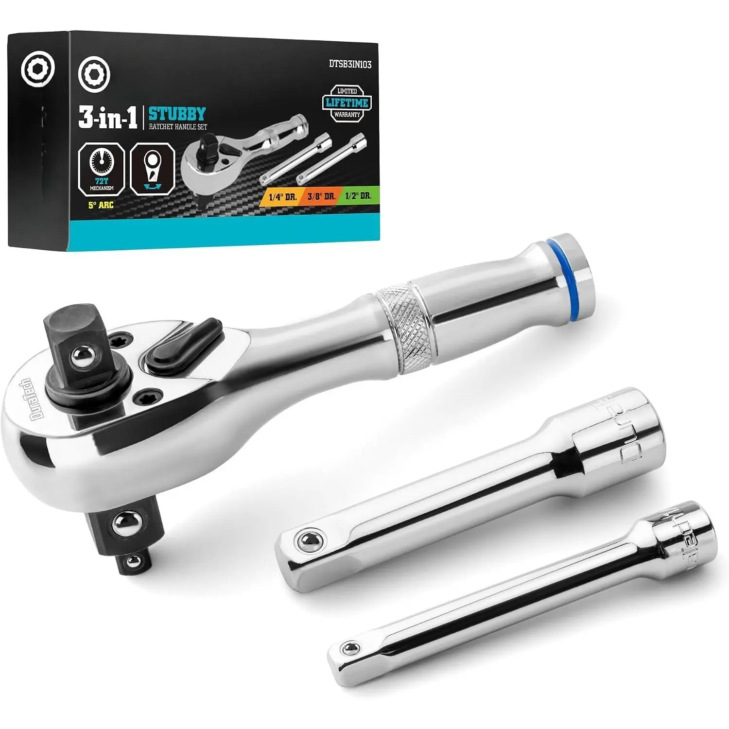 Stubby Ratchet Set, 3-IN-1 Ratchet Handle, with 2 Extension Bars, 1/4", 3/8", 1/2" Drive Ratchet Wrench, 72-, Reversible , Full-Polished Chrome , Alloy Steel