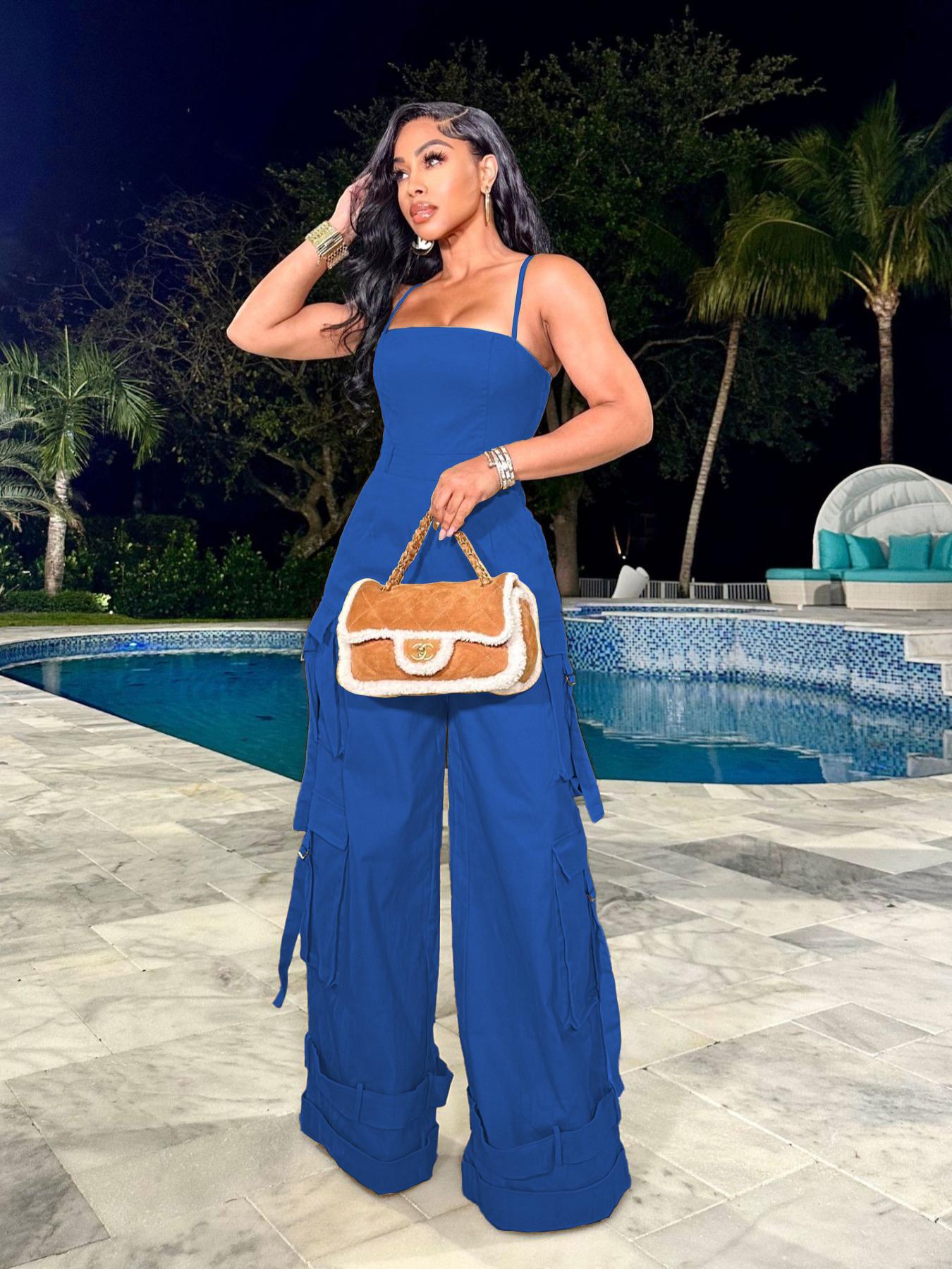 Women's Plain / All Over Print Multi-Pocket Wide Leg Cargo Jumpsuit, Casual Tape Decor Backless Spaghetti Strap Cami Sleeveless Jumpsuit, Ladies Clothes For Streetwear