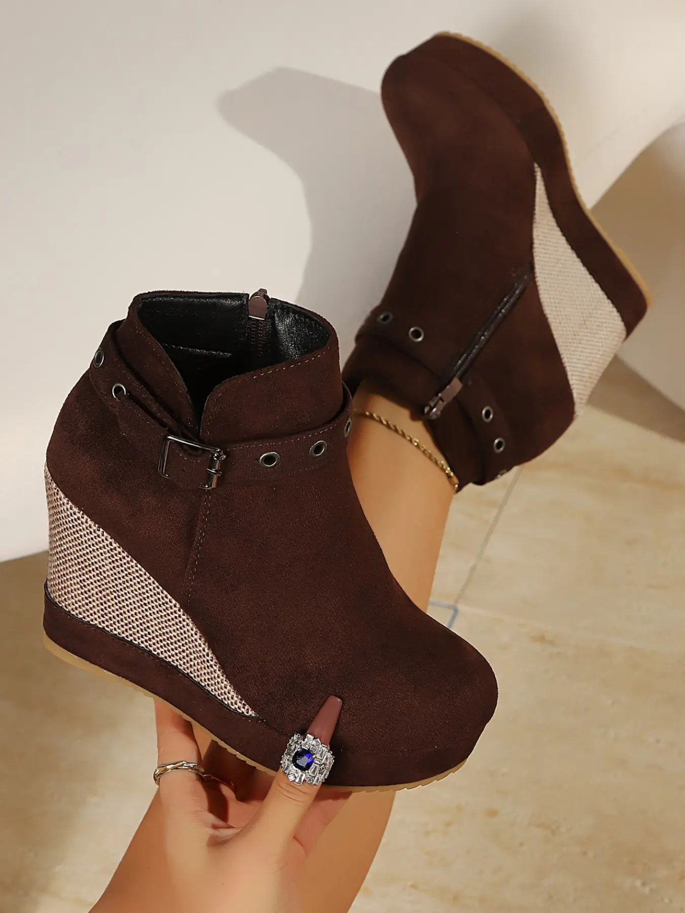 European and American Style Daily Commute Slimming Wedge Heeled Boots, Vintage Buckle Design, Faux Fur Warm Short Booties for Women