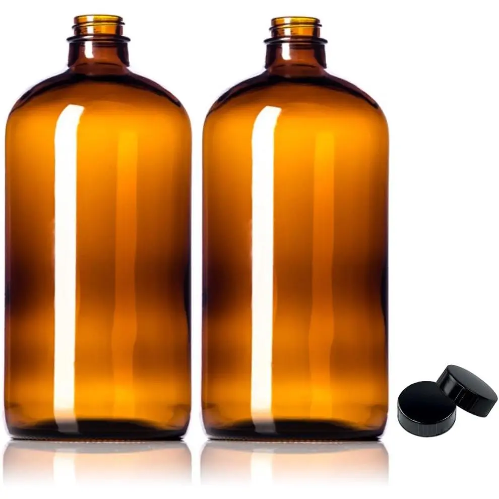 32oz Amber Glass Bottles - 2 Pack with USA-Made Tight Seal Lids - Quart-Sized Brown Glass Growlers for Beer, Kombucha, and Juice Storage
