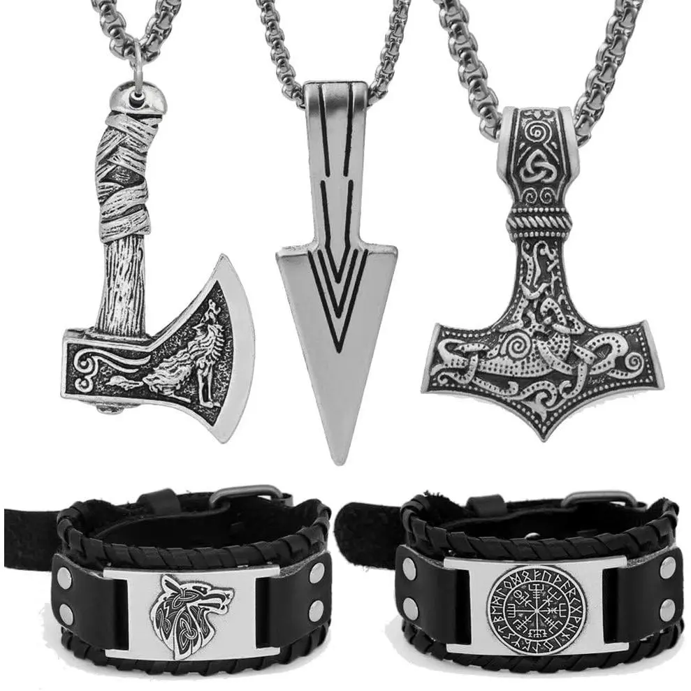 Set for Men, 5- Norse Set — 3 Necklaces (Thor’s Hammer Mjolnir,  , Spearhead) & 2  Cuff Bracelets with Runes/Compass Designs