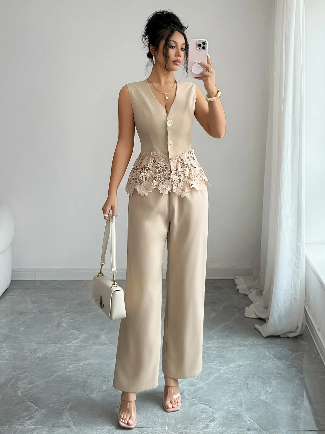 Women's V Neck Sleeveless Embroidered Top and Wide Leg Pants Set, Elegant Chic Evening Wear, Loose-Fitting, Ankle Length, Mid Waist