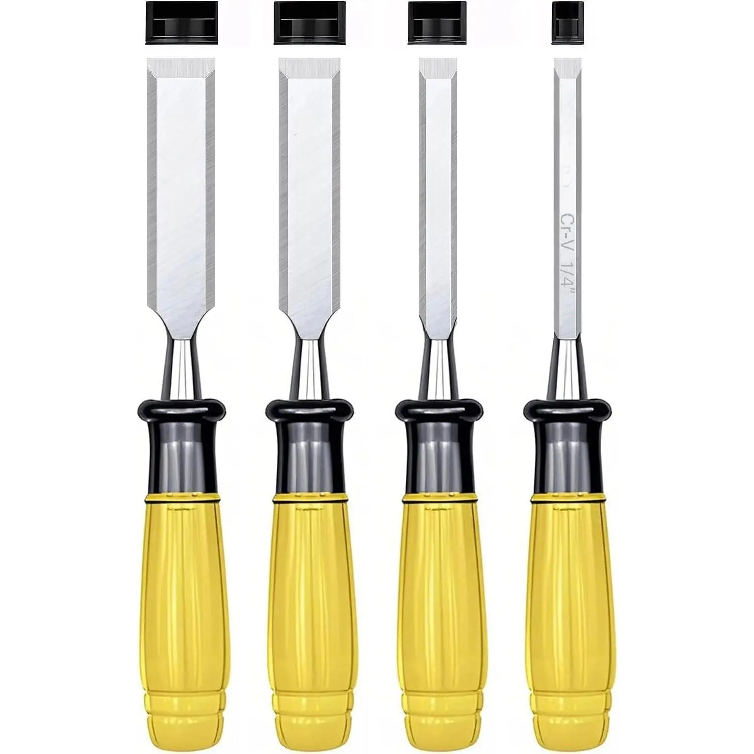 4 count  Chisel Set CR-V Steel  Bevel  for Woodworking | Chromium Vanadium, High Hardness & Durability.  Transparent Handle. 1/4,1/2,3/4,1" with Covers for Carving & DIY.