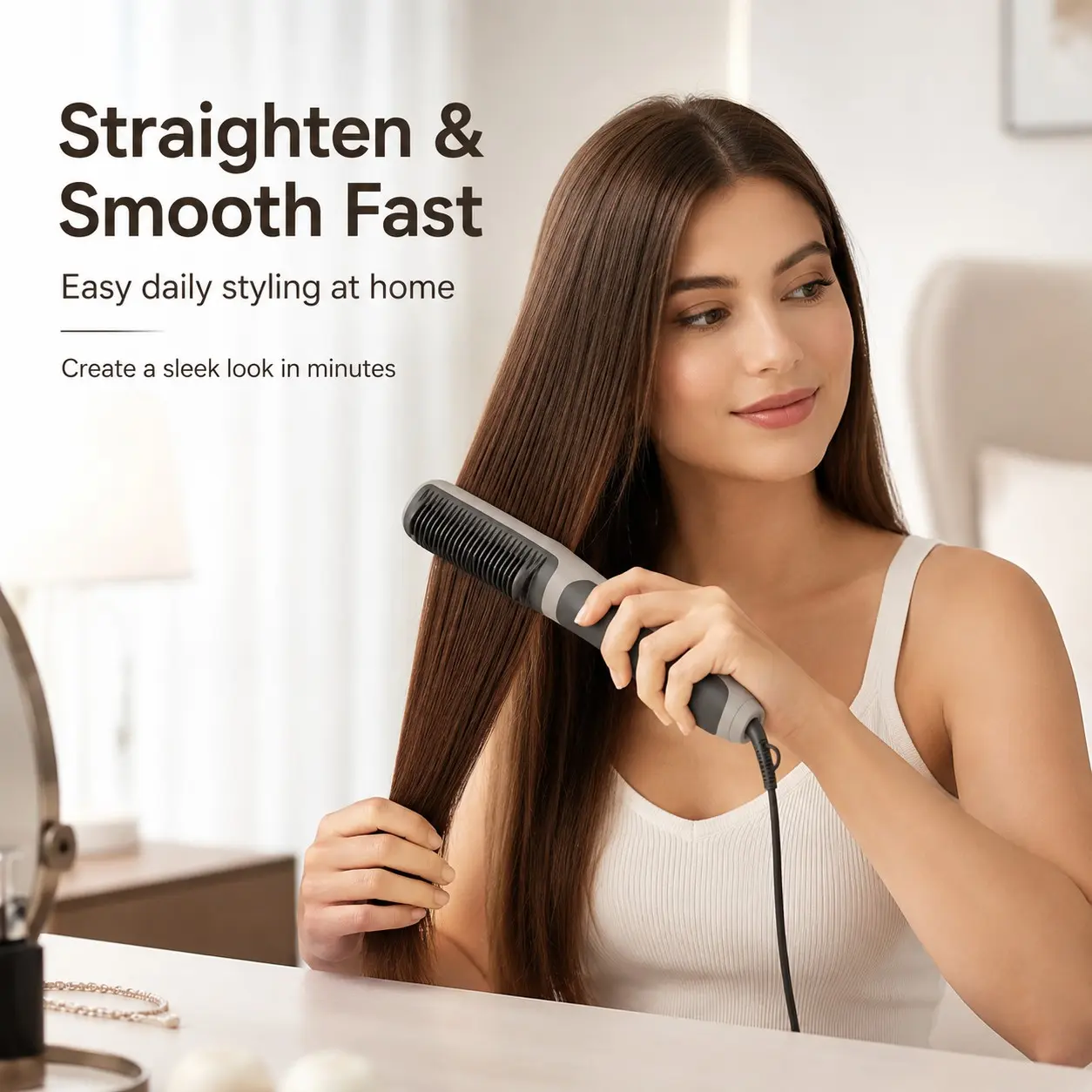 KSKIN Hair Straightening Brush 2 in 1 Straightener and Curler Anti-Frizz Hair Styling Tool Fast Heating Electric Hot Comb Portable Mini Hair Straightener Brush for Smooth Hair Home & Travel Use KD388C 1Pcs