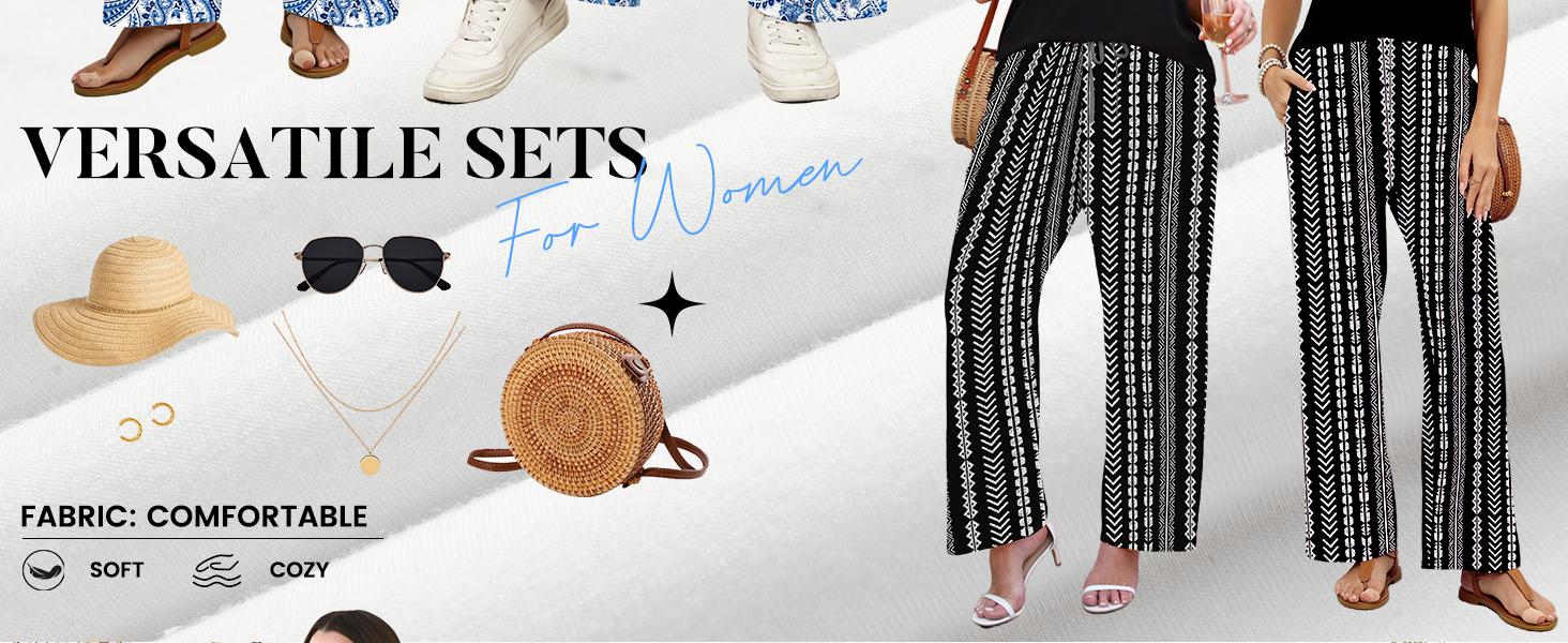 OFEEFAN Two Piece Set for Women Summer Spring Outfits Cruise Travel Airport Beach Vacation Mock Neck Wide Leg Pants Set OFEEFAN Two Piece Set for Women Summer Spring Outfits Cruise Travel Airport Beach Vacation Mock Neck Wide Leg Pants Set
