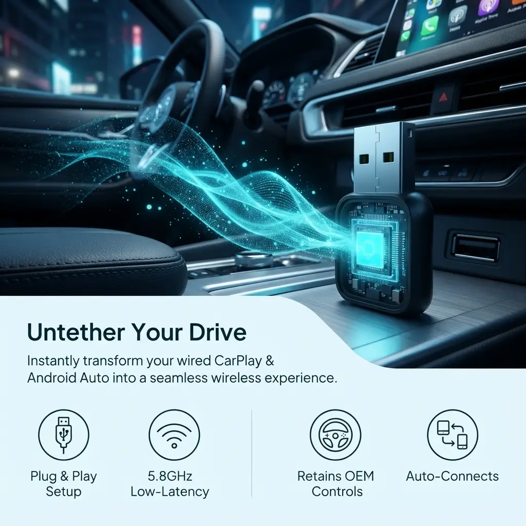 Carlinkit 2‑In‑1 Connectivity Box, Convert OEM Factory Wired CarPlay to Wireless, Wireless Adapter for Apple CarPlay and Android Auto, Plug‑and‑Play Car Multimedia Upgrade Accessory