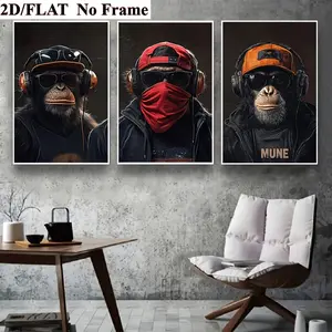 2D Flat Cool Monkey Canvas Wall Art Set – 3-Piece Bandana Ape Posters and Prints for Bedroom, Living Room, Office, Café, Bar & Modern Home Decoration, Funny Street Style Animal Artwork for Christmas, Valentine’s Day and Unique Holiday Gifts decor